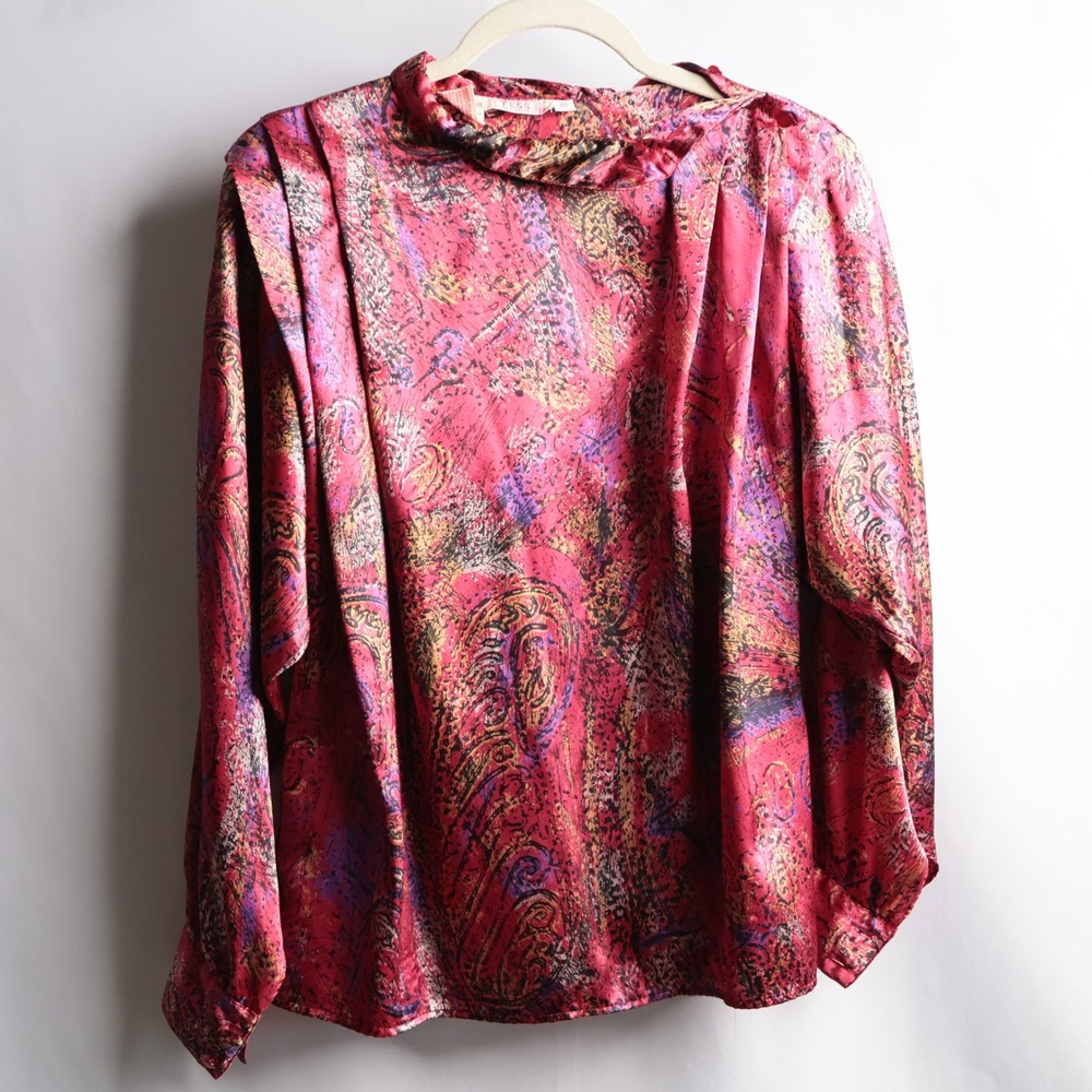 Tess Paris-Milano Vintage 80s Paisley Satin Mock Neck Blouse Pink Purple Size 10